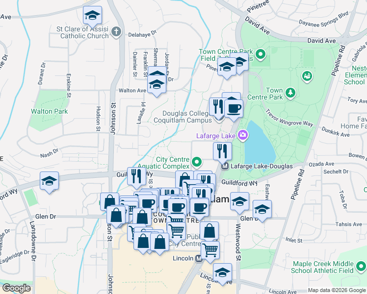 map of restaurants, bars, coffee shops, grocery stores, and more near 2995 Princess Crescent in Coquitlam