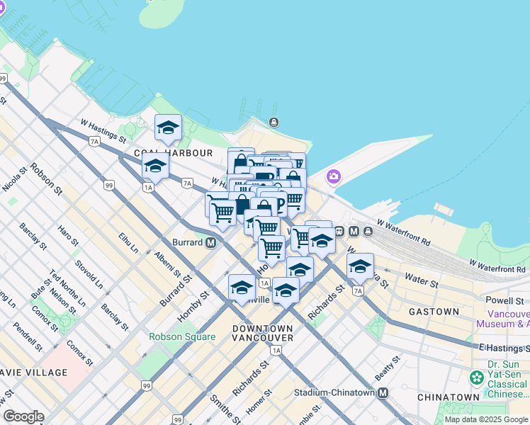 map of restaurants, bars, coffee shops, grocery stores, and more near in Vancouver