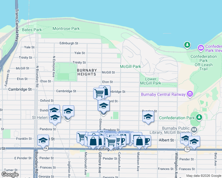 map of restaurants, bars, coffee shops, grocery stores, and more near 4156 Eton Street in Burnaby