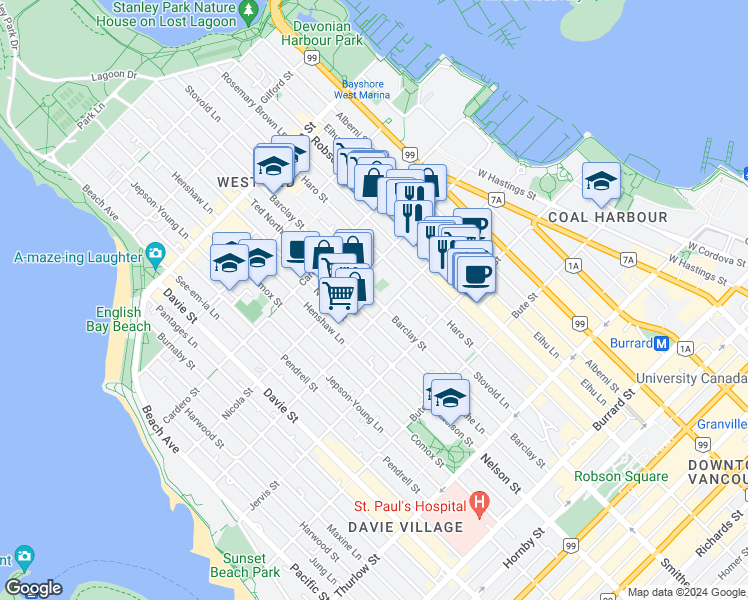 map of restaurants, bars, coffee shops, grocery stores, and more near 949 Broughton Street in Vancouver