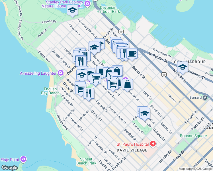 map of restaurants, bars, coffee shops, grocery stores, and more near 1510 Nelson Street in Vancouver