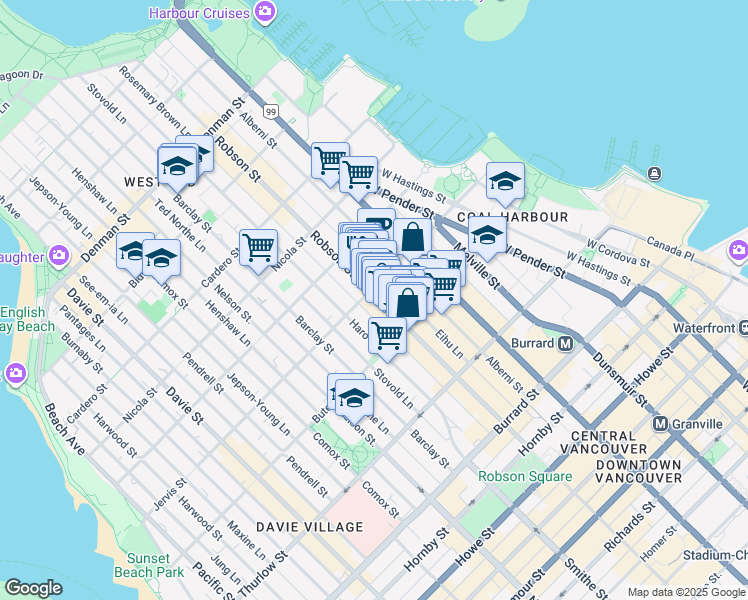 map of restaurants, bars, coffee shops, grocery stores, and more near 1290 Robson Street in Vancouver