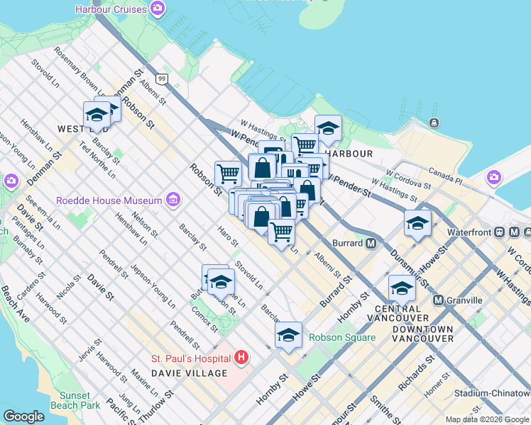 map of restaurants, bars, coffee shops, grocery stores, and more near 1200 Alberni Street in Vancouver