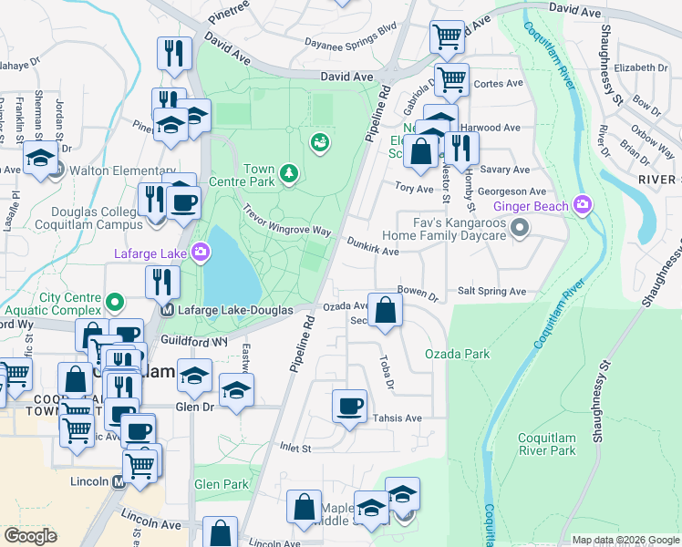 map of restaurants, bars, coffee shops, grocery stores, and more near 3028 Quadra Court in Coquitlam