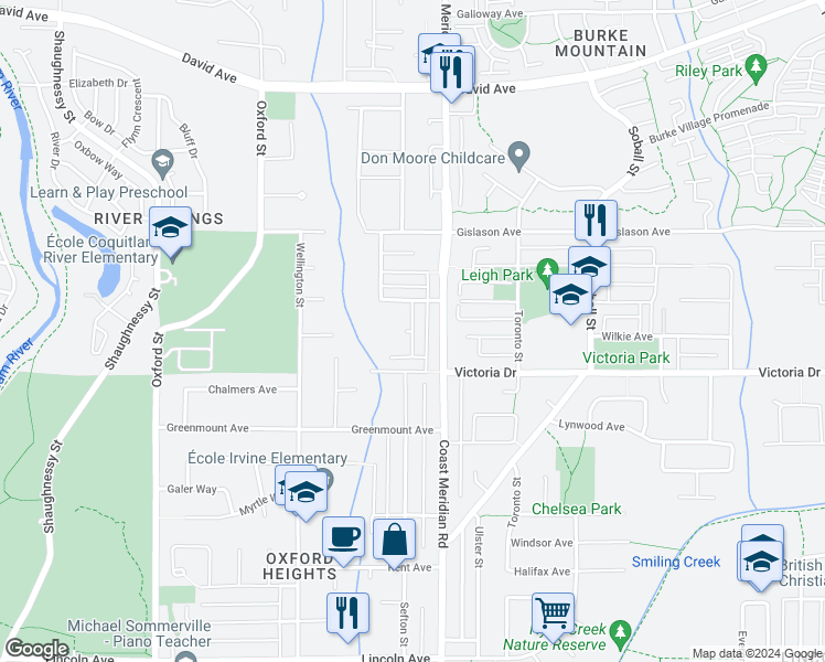 map of restaurants, bars, coffee shops, grocery stores, and more near Burkemont Place in Coquitlam