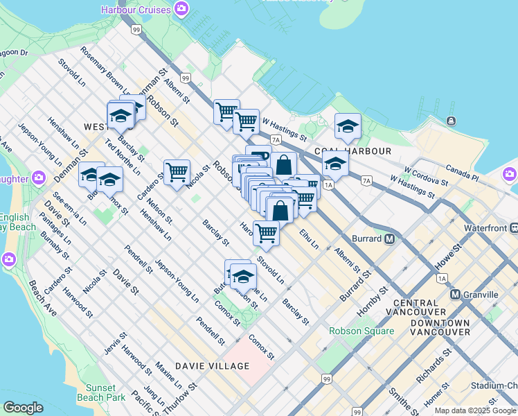 map of restaurants, bars, coffee shops, grocery stores, and more near 1290 Robson Street in Vancouver