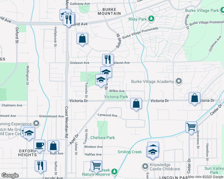 map of restaurants, bars, coffee shops, grocery stores, and more near 3437 Wilkie Avenue in Coquitlam