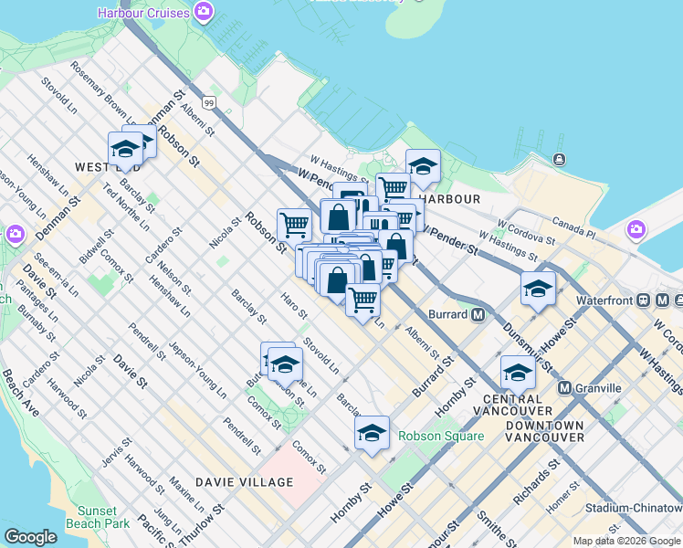 map of restaurants, bars, coffee shops, grocery stores, and more near in Vancouver