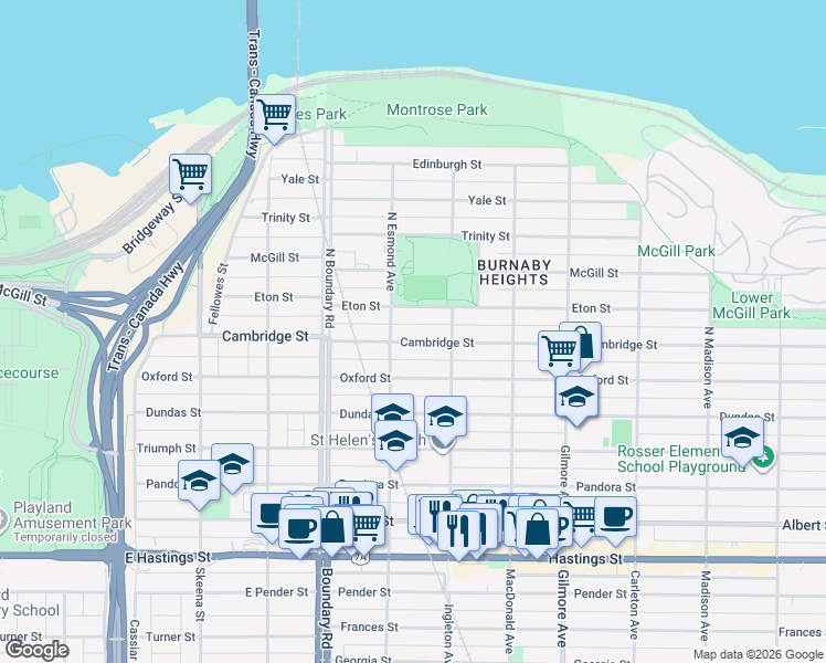 map of restaurants, bars, coffee shops, grocery stores, and more near 3837 Cambridge Street in Burnaby