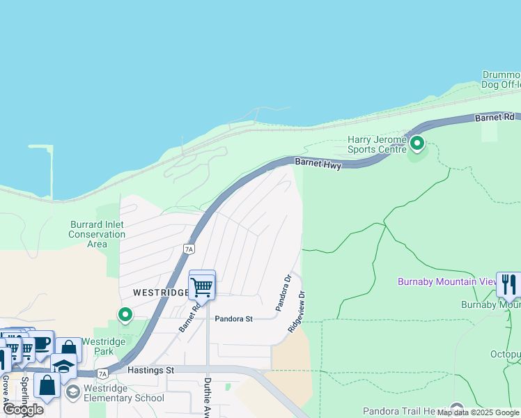 map of restaurants, bars, coffee shops, grocery stores, and more near 7345 Braeside Drive in Burnaby
