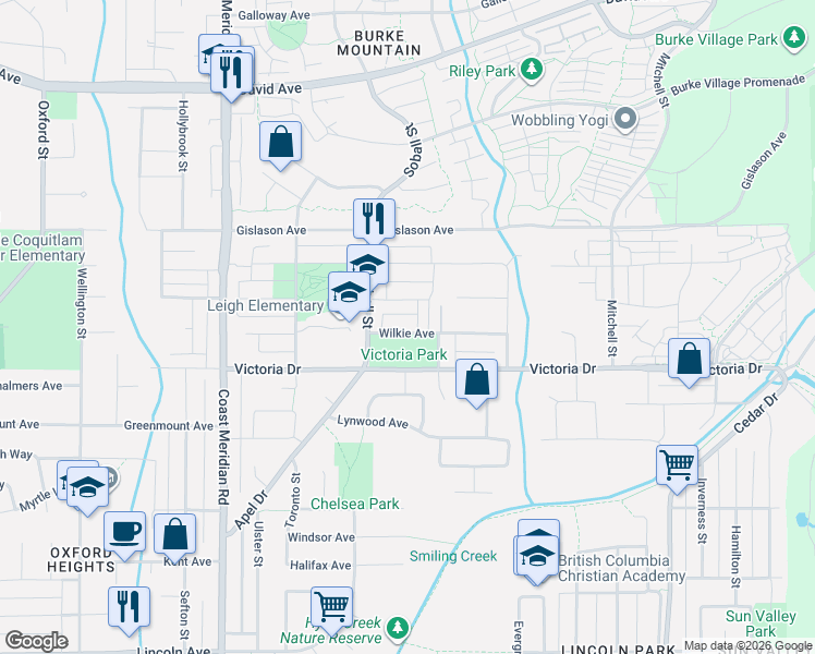 map of restaurants, bars, coffee shops, grocery stores, and more near 3445 Wilkie Avenue in Coquitlam