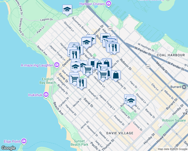 map of restaurants, bars, coffee shops, grocery stores, and more near 1545 Henshaw Lane in Vancouver