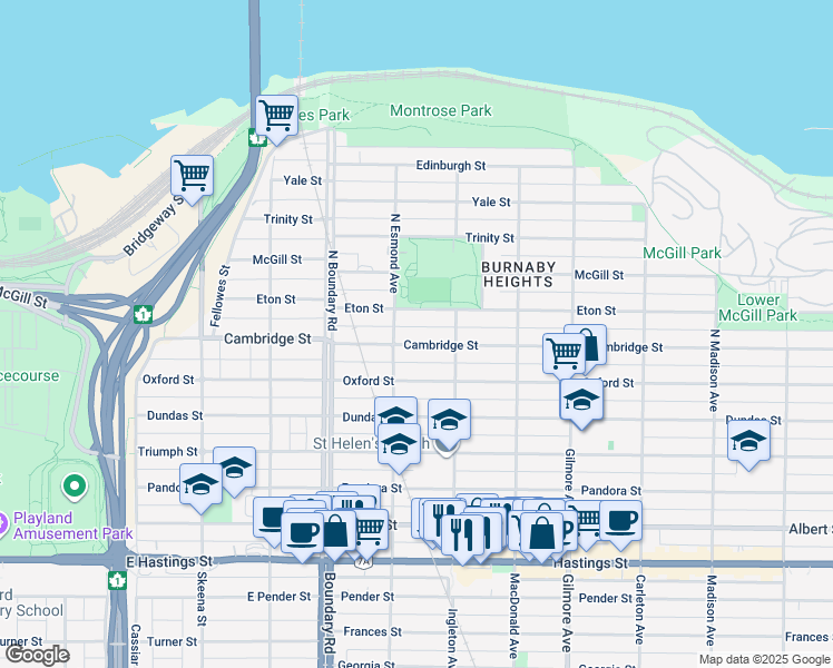 map of restaurants, bars, coffee shops, grocery stores, and more near 3837 Cambridge Street in Burnaby