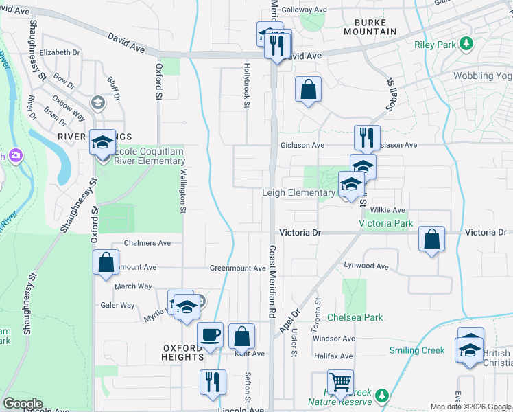 map of restaurants, bars, coffee shops, grocery stores, and more near 1225 Burkemont Place in Coquitlam