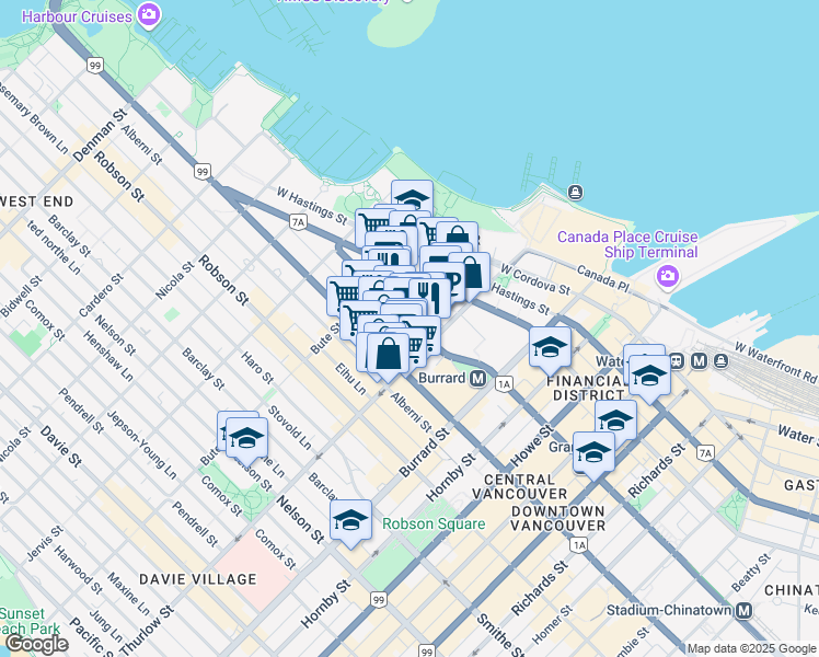 map of restaurants, bars, coffee shops, grocery stores, and more near 1100 Melville Street in Vancouver