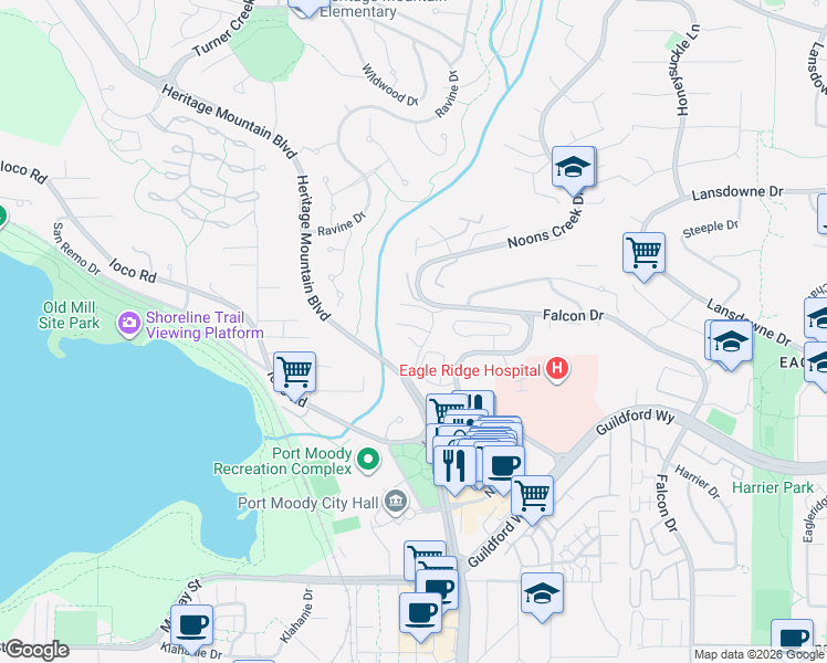 map of restaurants, bars, coffee shops, grocery stores, and more near 795 Noons Creek Drive in Port Moody