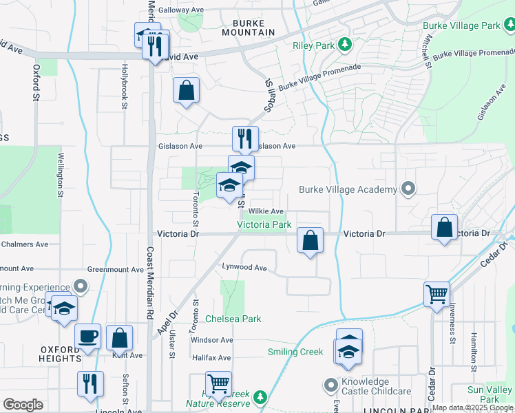 map of restaurants, bars, coffee shops, grocery stores, and more near 3437 Wilkie Avenue in Coquitlam