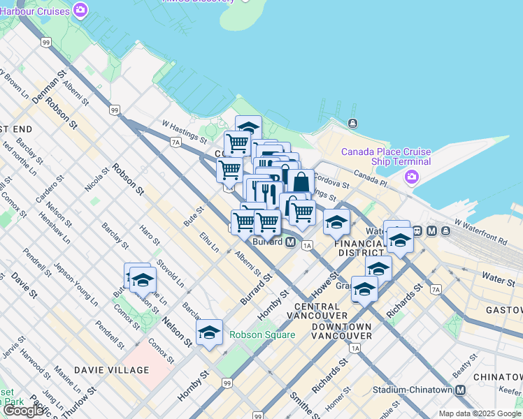 map of restaurants, bars, coffee shops, grocery stores, and more near 1055 Dunsmuir Street in Vancouver