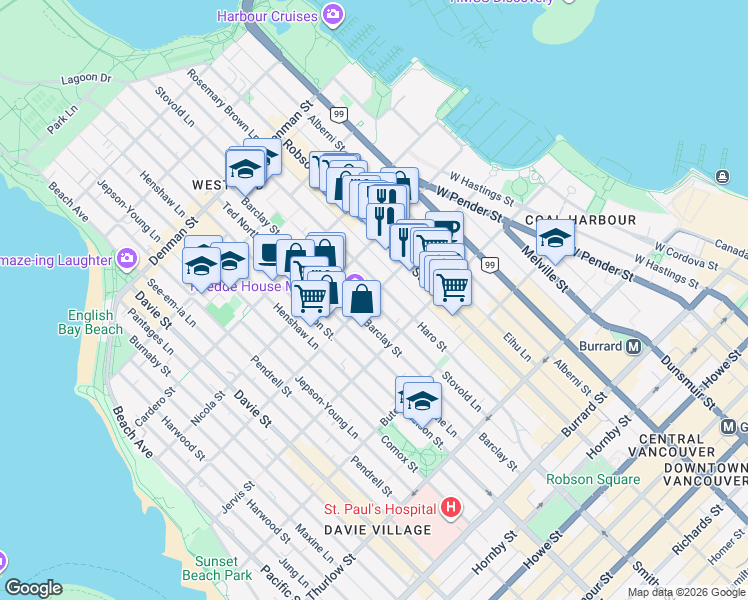 map of restaurants, bars, coffee shops, grocery stores, and more near 890 Broughton Street in Vancouver