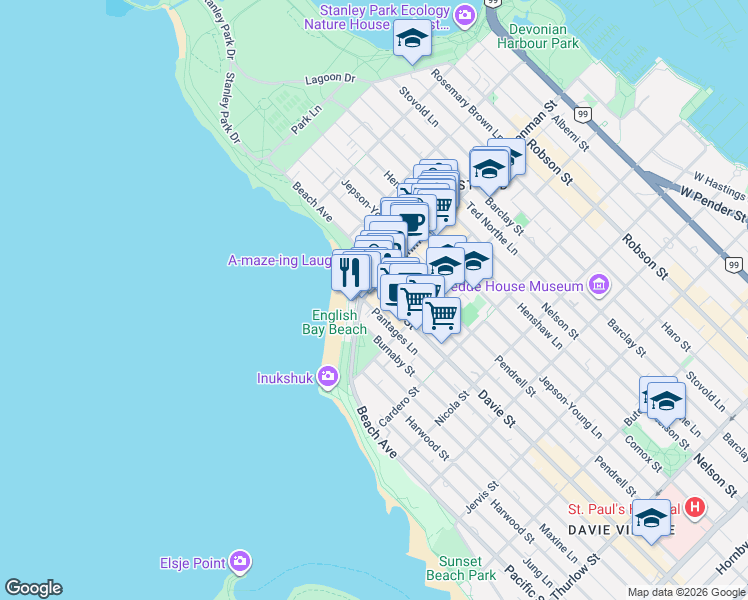 map of restaurants, bars, coffee shops, grocery stores, and more near 1762 Davie Street in Vancouver