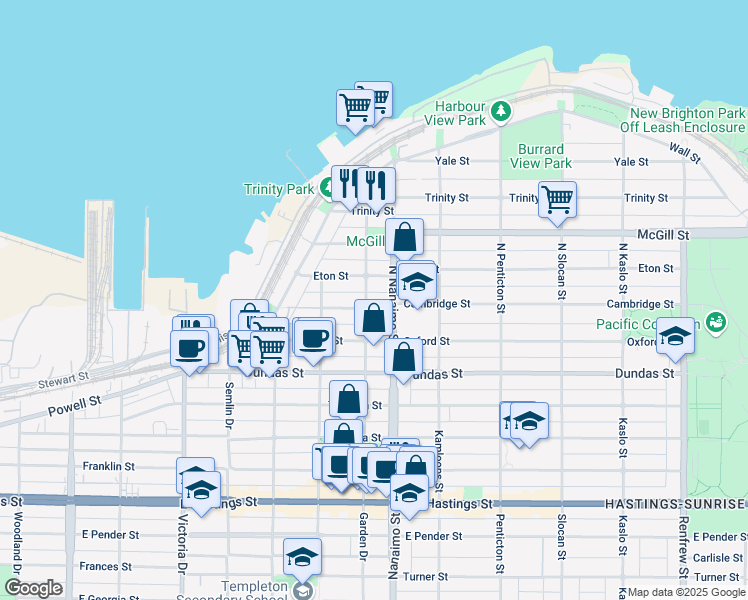 map of restaurants, bars, coffee shops, grocery stores, and more near 224 North Garden Drive in Vancouver