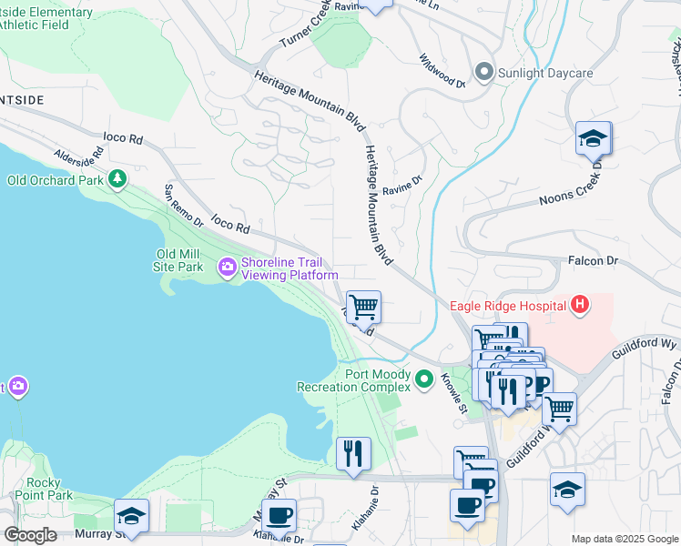 map of restaurants, bars, coffee shops, grocery stores, and more near 389 Metta Street in Port Moody