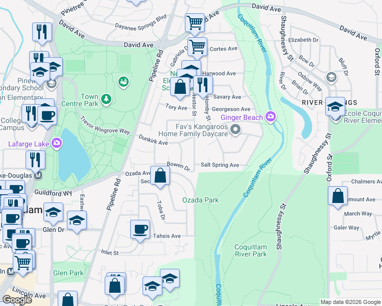 map of restaurants, bars, coffee shops, grocery stores, and more near 1214 Nestor Street in Coquitlam