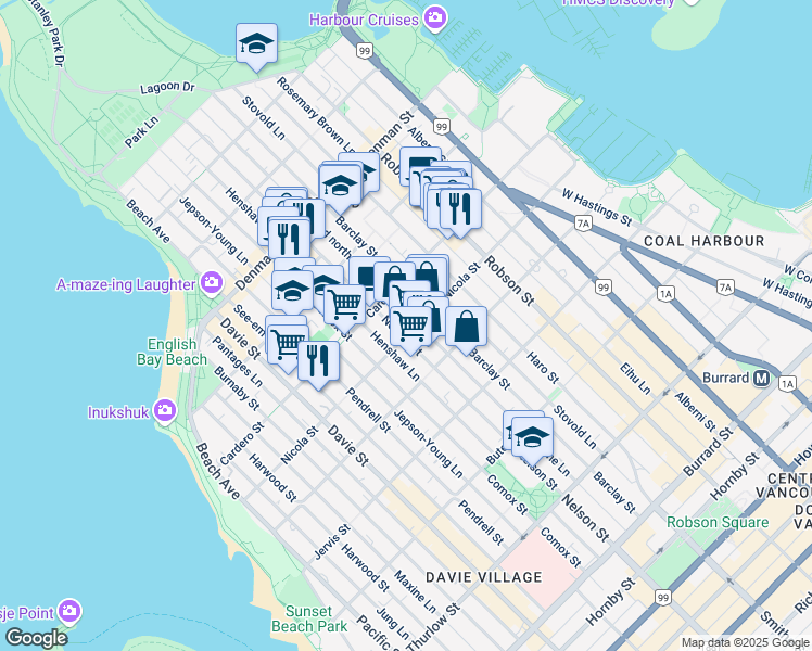 map of restaurants, bars, coffee shops, grocery stores, and more near 985 Nicola Street in Vancouver