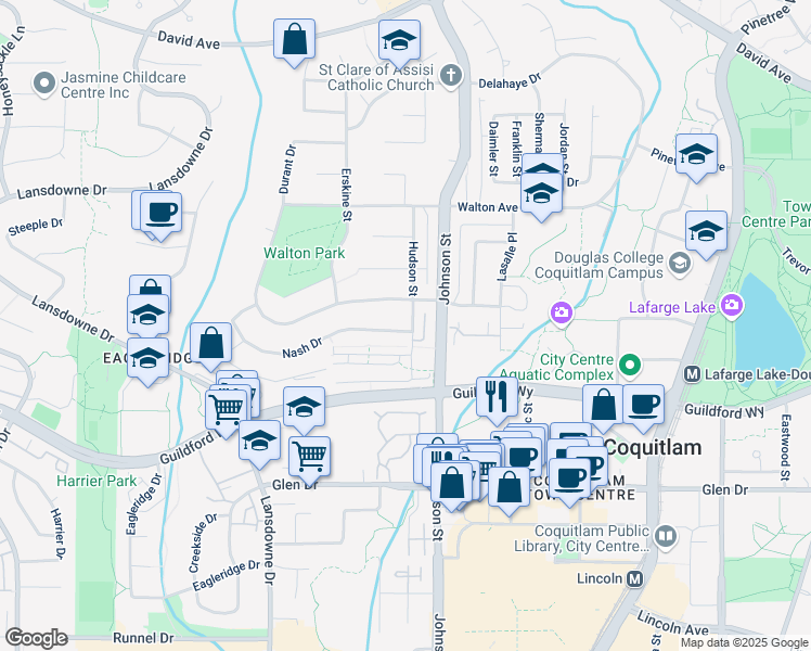 map of restaurants, bars, coffee shops, grocery stores, and more near 2883 Nash Drive in Coquitlam