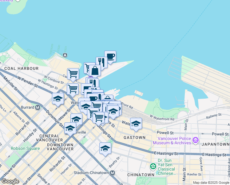map of restaurants, bars, coffee shops, grocery stores, and more near 601 West Cordova Street in Vancouver