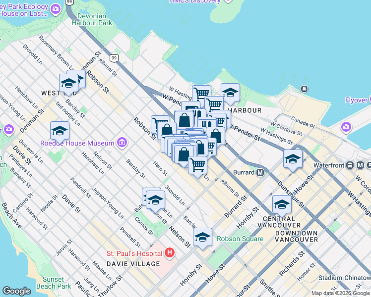 map of restaurants, bars, coffee shops, grocery stores, and more near 1200 Alberni Street in Vancouver