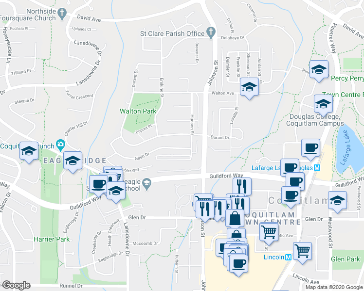 map of restaurants, bars, coffee shops, grocery stores, and more near 2883 Nash Drive in Coquitlam