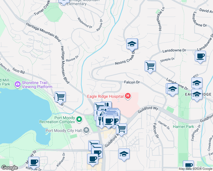 map of restaurants, bars, coffee shops, grocery stores, and more near 772 Appleyard Court in Port Moody