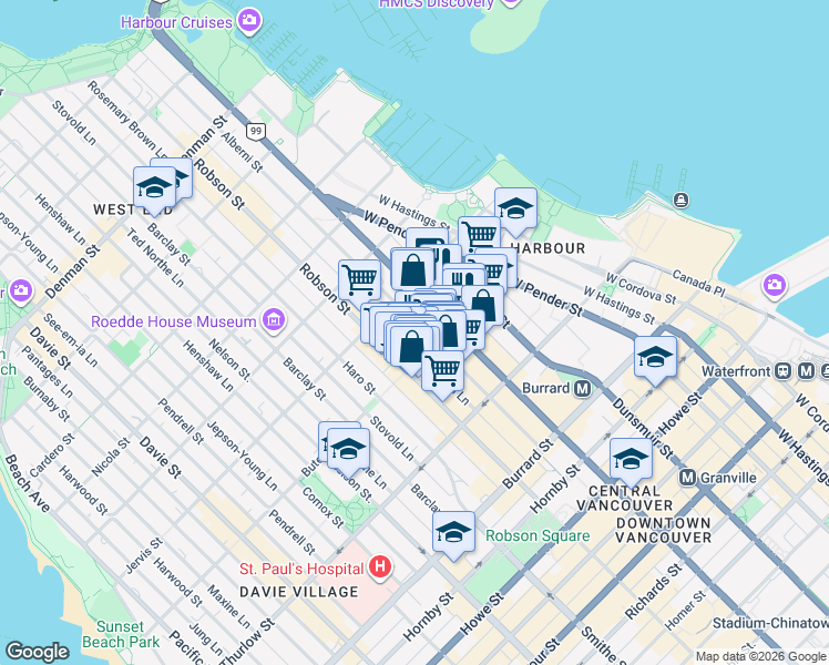 map of restaurants, bars, coffee shops, grocery stores, and more near 1288 Alberni Street in Vancouver