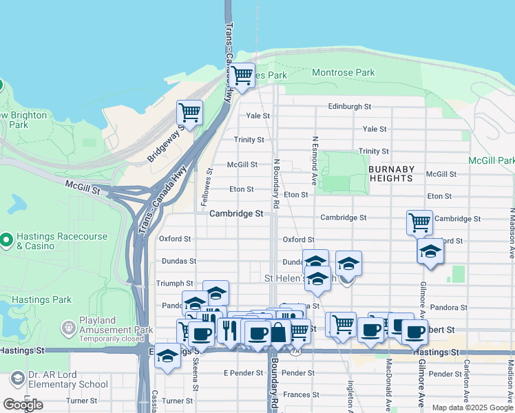 map of restaurants, bars, coffee shops, grocery stores, and more near 3649 Cambridge Street in Vancouver