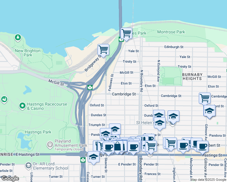 map of restaurants, bars, coffee shops, grocery stores, and more near 3535 Cambridge Street in Vancouver
