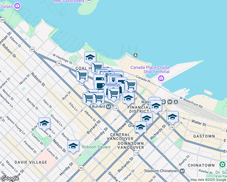 map of restaurants, bars, coffee shops, grocery stores, and more near 1050 West Pender Street in Vancouver