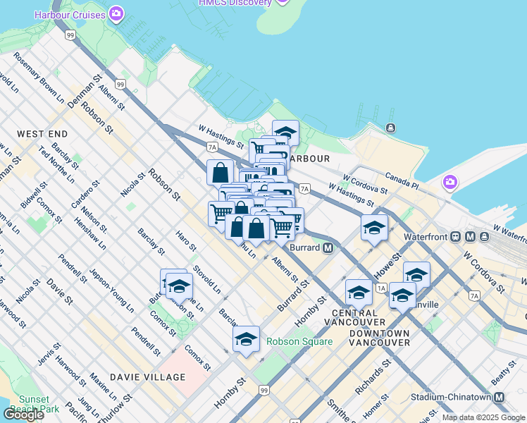 map of restaurants, bars, coffee shops, grocery stores, and more near 1151 West Georgia Street in Vancouver