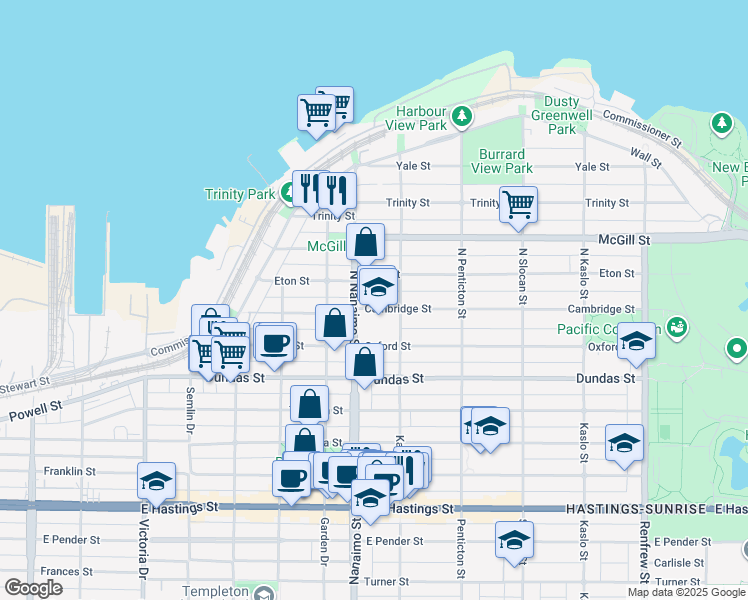 map of restaurants, bars, coffee shops, grocery stores, and more near 2419 Cambridge Street in Vancouver
