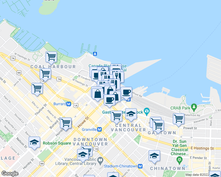 map of restaurants, bars, coffee shops, grocery stores, and more near 829 West Cordova Street in Vancouver