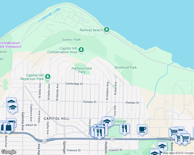 map of restaurants, bars, coffee shops, grocery stores, and more near 265 North Ellesmere Avenue in Burnaby