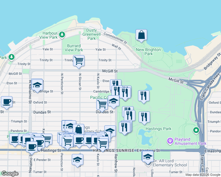 map of restaurants, bars, coffee shops, grocery stores, and more near 2867 Cambridge Street in Vancouver