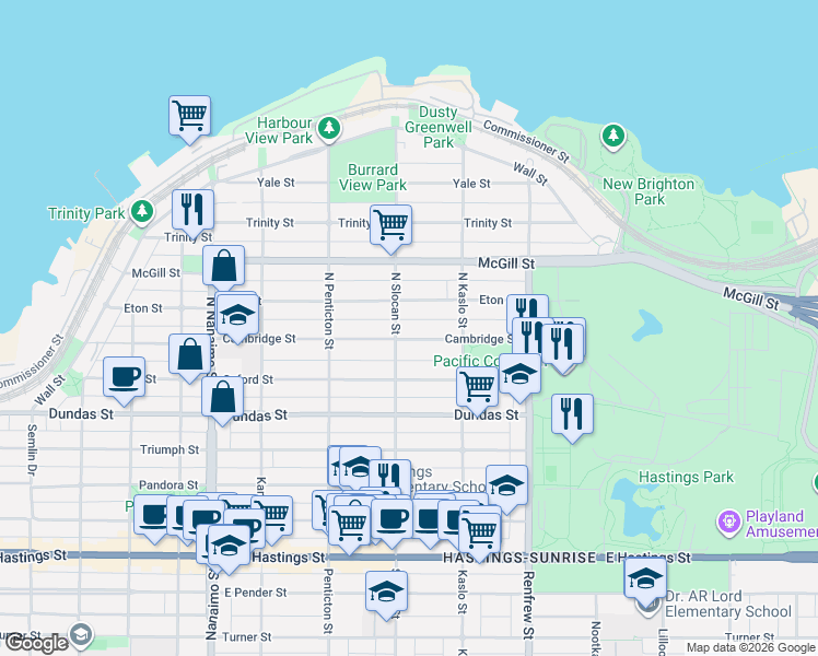 map of restaurants, bars, coffee shops, grocery stores, and more near 2715 Cambridge Street in Vancouver