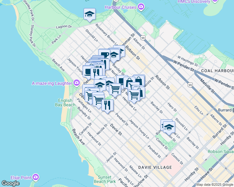 map of restaurants, bars, coffee shops, grocery stores, and more near 1031 Cardero Street in Vancouver
