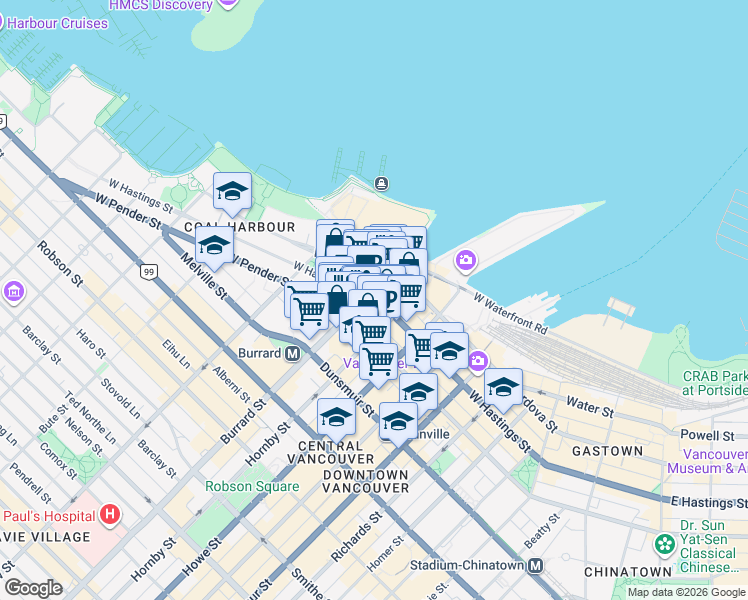 map of restaurants, bars, coffee shops, grocery stores, and more near West Hastings Street in Vancouver