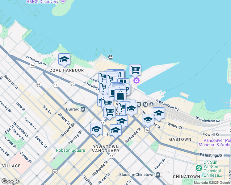 map of restaurants, bars, coffee shops, grocery stores, and more near 915 West Hastings Street in Vancouver