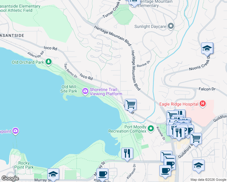 map of restaurants, bars, coffee shops, grocery stores, and more near 412 Elm Street in Port Moody