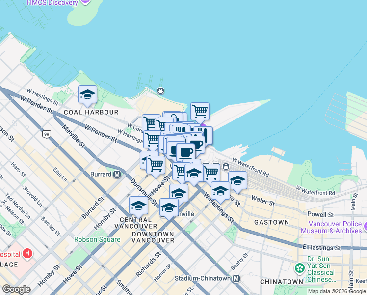 map of restaurants, bars, coffee shops, grocery stores, and more near 829 West Cordova Street in Vancouver