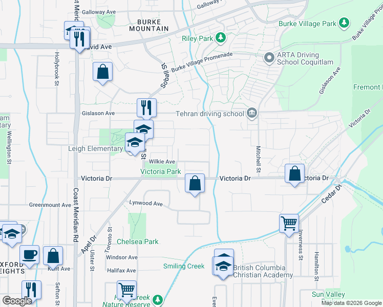 map of restaurants, bars, coffee shops, grocery stores, and more near in Coquitlam