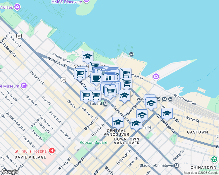 map of restaurants, bars, coffee shops, grocery stores, and more near 1050 West Pender Street in Vancouver
